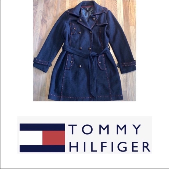 Tommy Hilfiger Wool Blend Navy & Red Stitched Great Quality Winter Peacoat - Picture 14 of 15